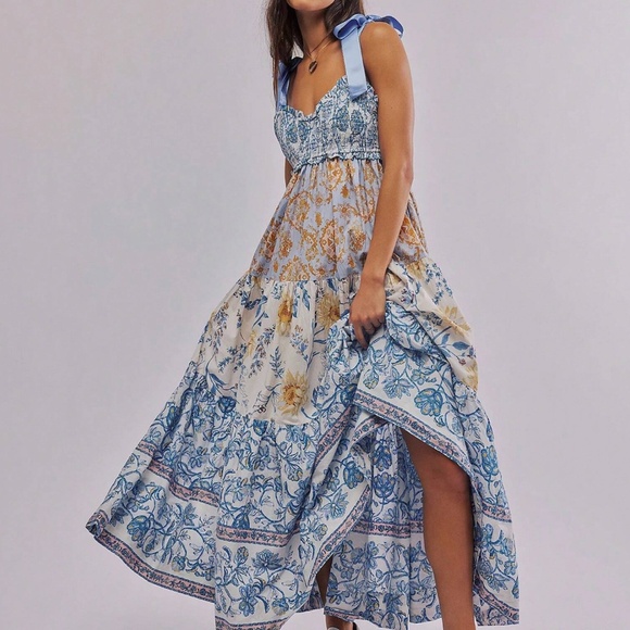 Dresses & Skirts - Blue and Cream Floral Tie-Shoulder Maxi Dress